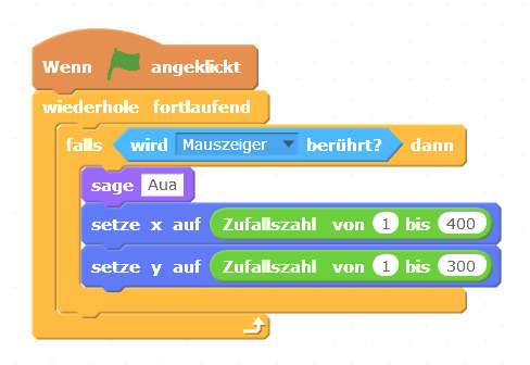 Scratch Code: Wiederhole: Wenn Zeieger berühr, sage 'Aua'